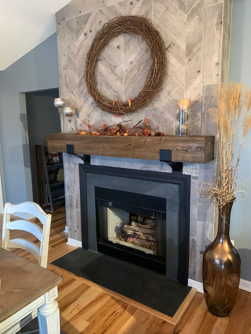 Herringbone tile fireplace surround